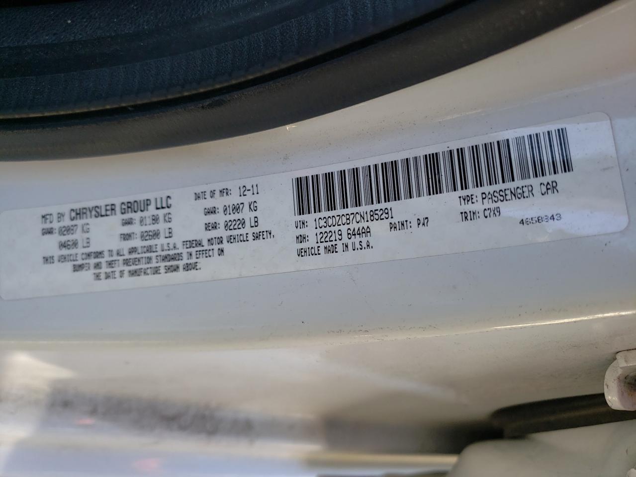 Photo 10 from auction – 2012 DODGE AVENGER SX with VIN 1C3CDZCB7CN185291