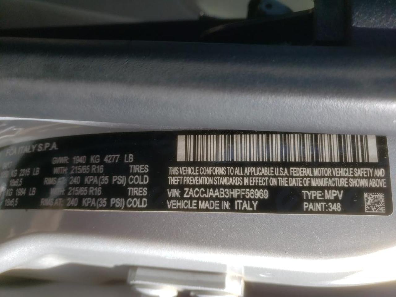 Photo 10 from auction – 2017 JEEP RENEGADE S with VIN ZACCJAAB3HPF56969