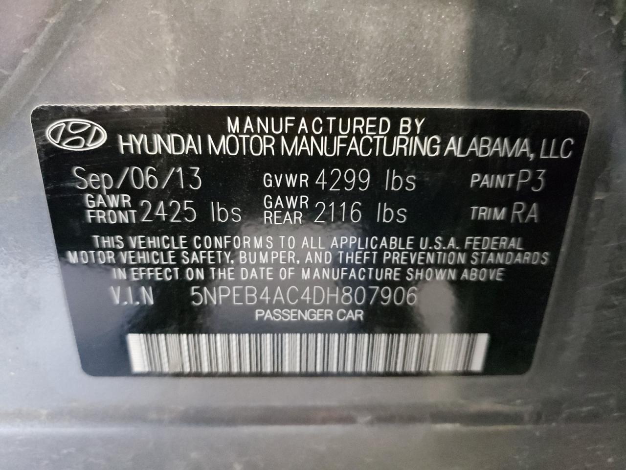 Photo 10 from auction – 2013 HYUNDAI SONATA GLS with VIN 5NPEB4AC4DH807906