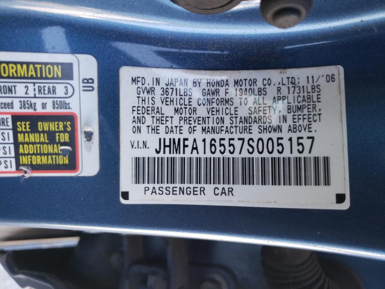 Photo 10 from auction – 2007 HONDA CIVIC LX with VIN JHMFA16557S005157