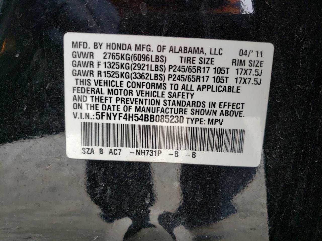 Photo 10 from auction – 2011 HONDA PILOT EXL with VIN 5FNYF4H54BB085230