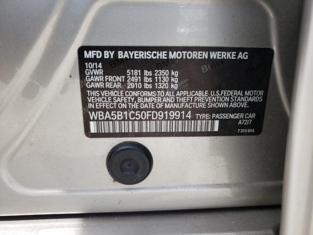 Photo 10 from auction – 2015 BMW 535 I with VIN WBA5B1C50FD919914