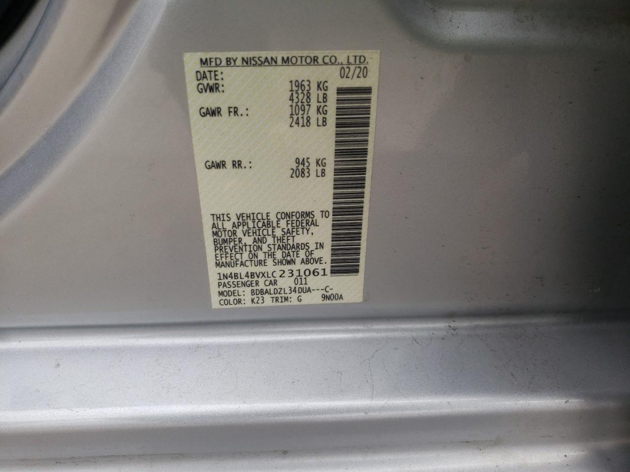 Photo 10 from auction – 2020 NISSAN ALTIMA S with VIN 1N4BL4BVXLC231061