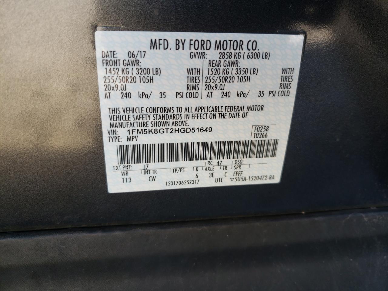 Photo 10 from auction – 2017 FORD EXPLORER S with VIN 1FM5K8GT2HGD51649