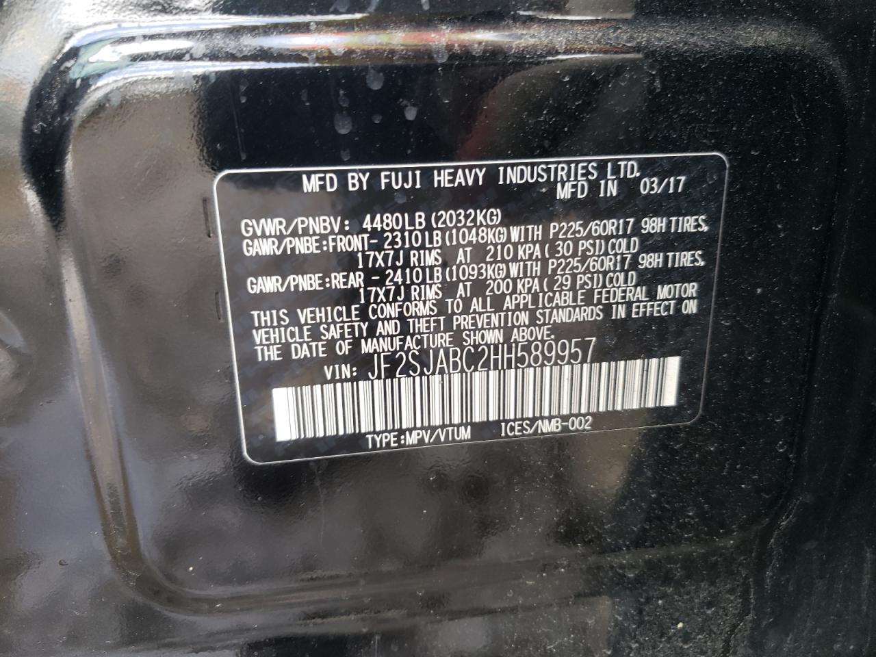 Photo 10 from auction – 2017 SUBARU FORESTER 2 with VIN JF2SJABC2HH589957