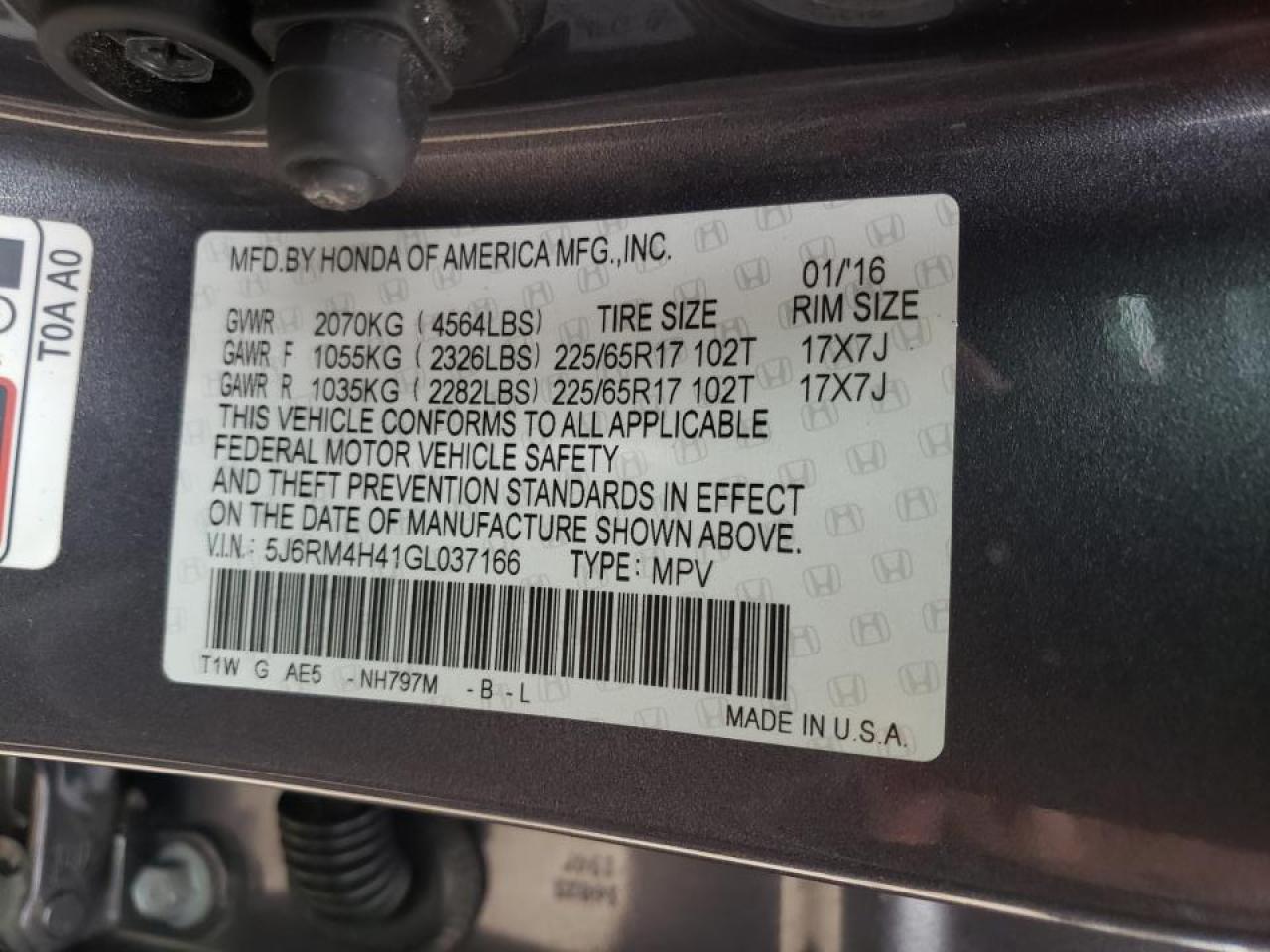 Photo 10 from auction – 2016 HONDA CR-V SE with VIN 5J6RM4H41GL037166