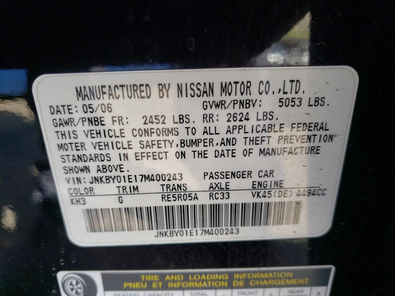 Photo 10 from auction – 2007 INFINITI M45 BASE with VIN JNKBY01E17M400243