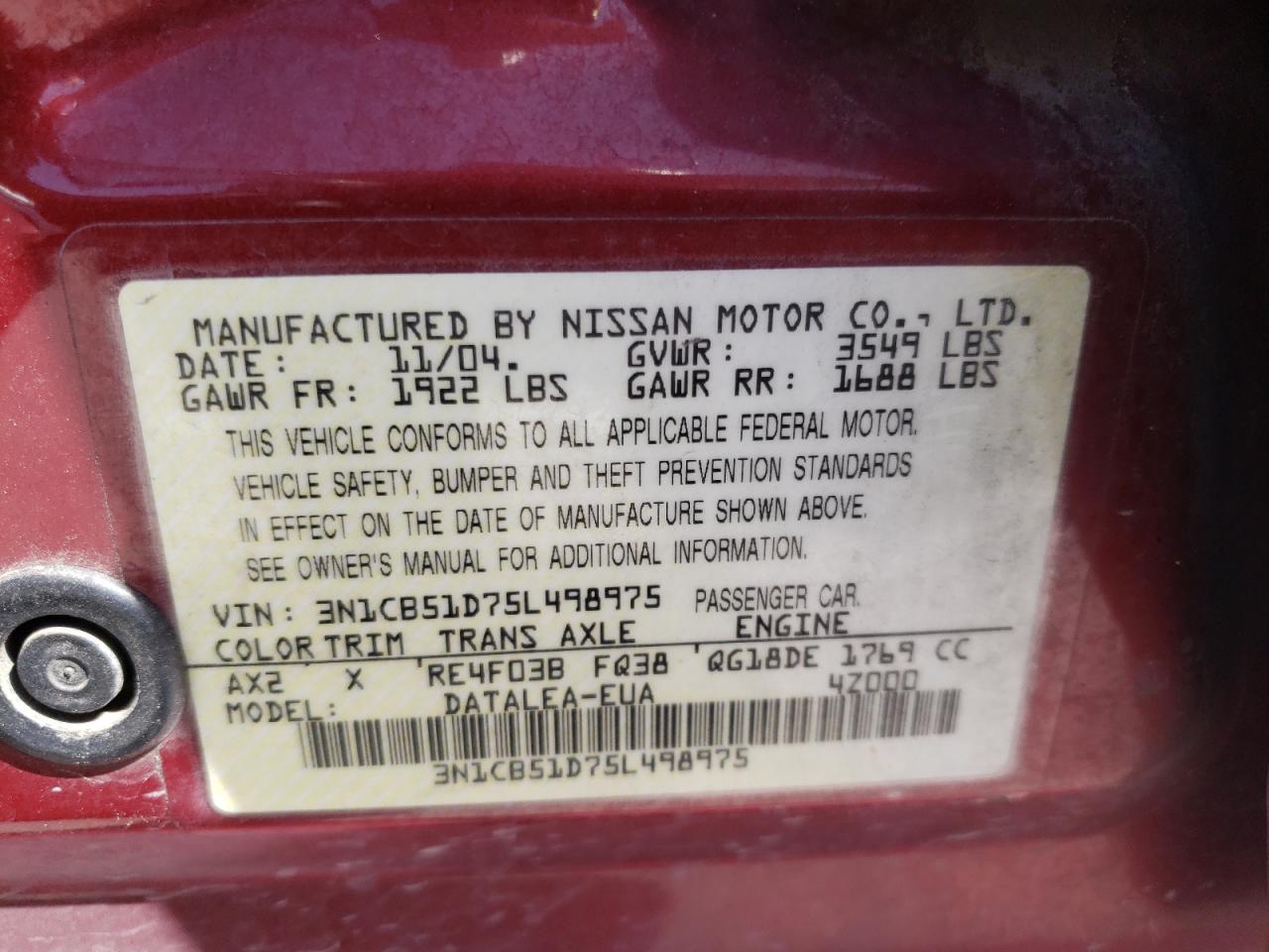 Photo 10 from auction – 2005 NISSAN SENTRA 1.8 with VIN 3N1CB51D75L498975