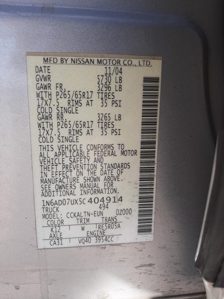 Photo 10 from auction – 2005 NISSAN FRONTIER C with VIN 1N6AD07UX5C404914