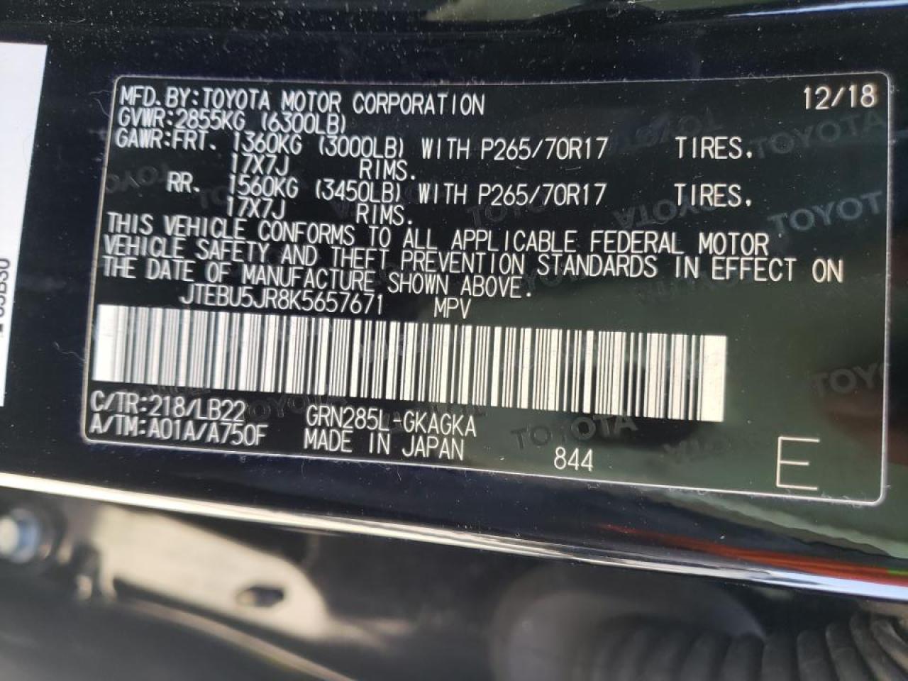 Photo 10 from auction – 2019 TOYOTA 4RUNNER SR with VIN JTEBU5JR8K5657671