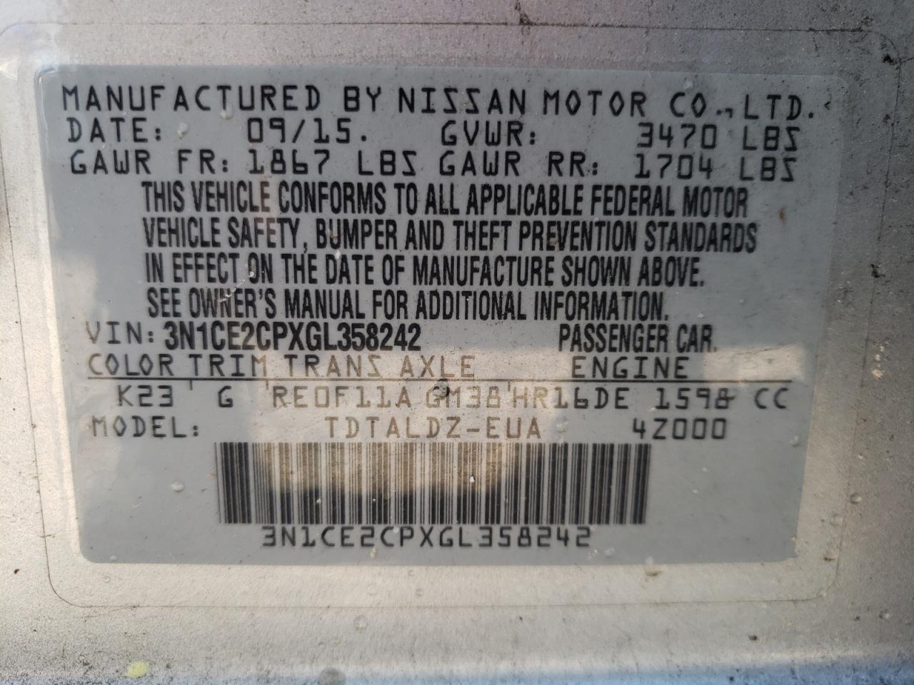 Photo 10 from auction – 2016 NISSAN VERSA NOTE with VIN 3N1CE2CPXGL358242