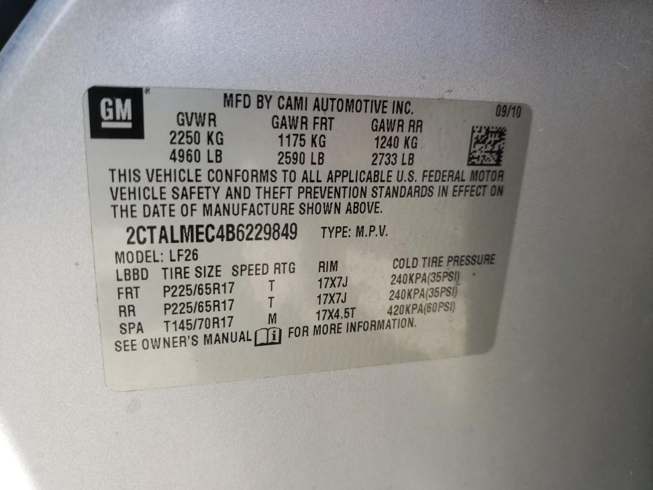 Photo 10 from auction – 2011 GMC TERRAIN SL with VIN 2CTALMEC4B6229849