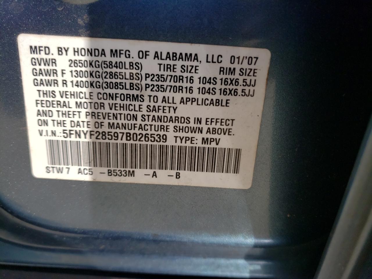 Photo 10 from auction – 2007 HONDA PILOT EXL with VIN 5FNYF28597B026539