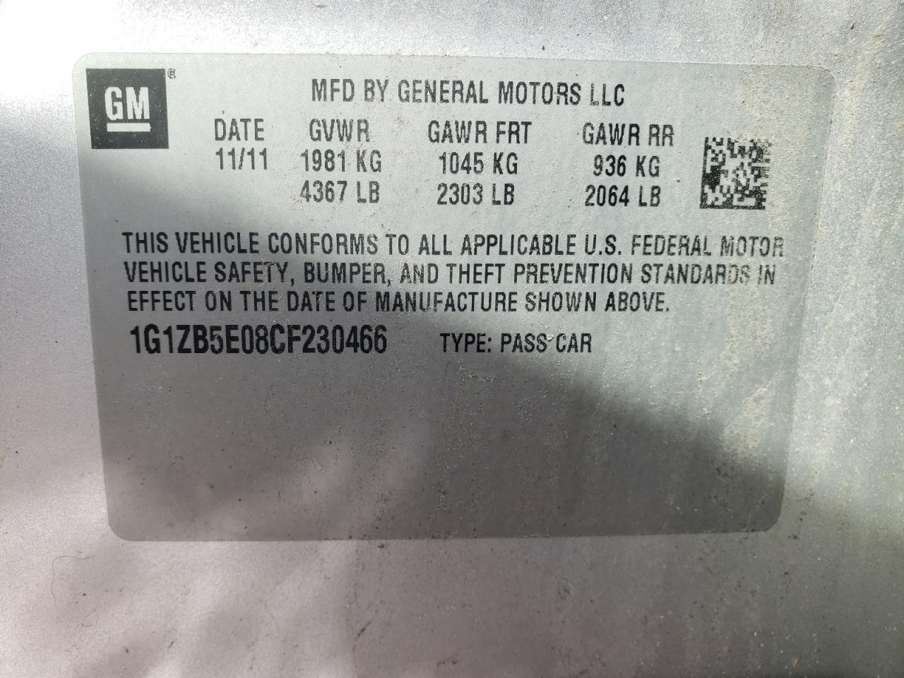 Photo 10 from auction – 2012 CHEVROLET MALIBU LS with VIN 1G1ZB5E08CF230466