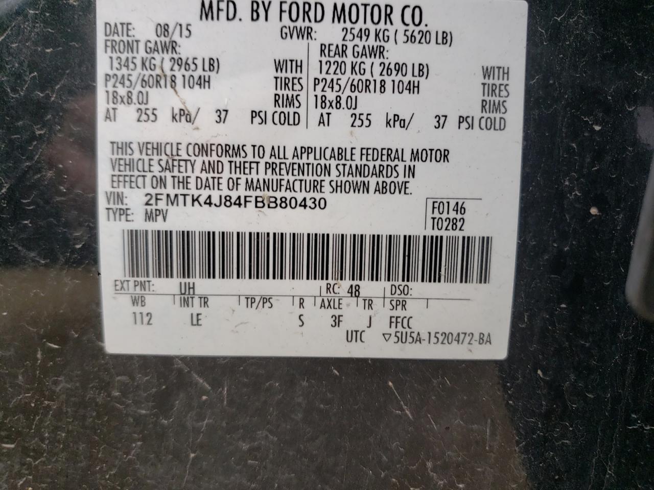 Photo 10 from auction – 2015 FORD EDGE SEL with VIN 2FMTK4J84FBB80430