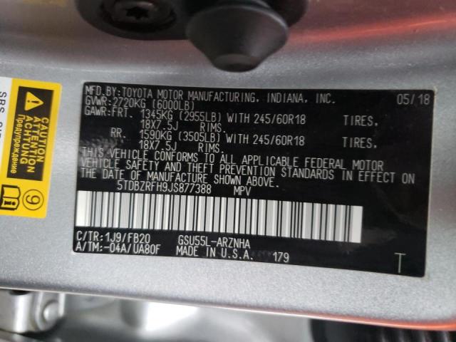 Photo 10 from auction – 2018 TOYOTA HIGHLANDER with VIN 5TDBZRFH9JS877388