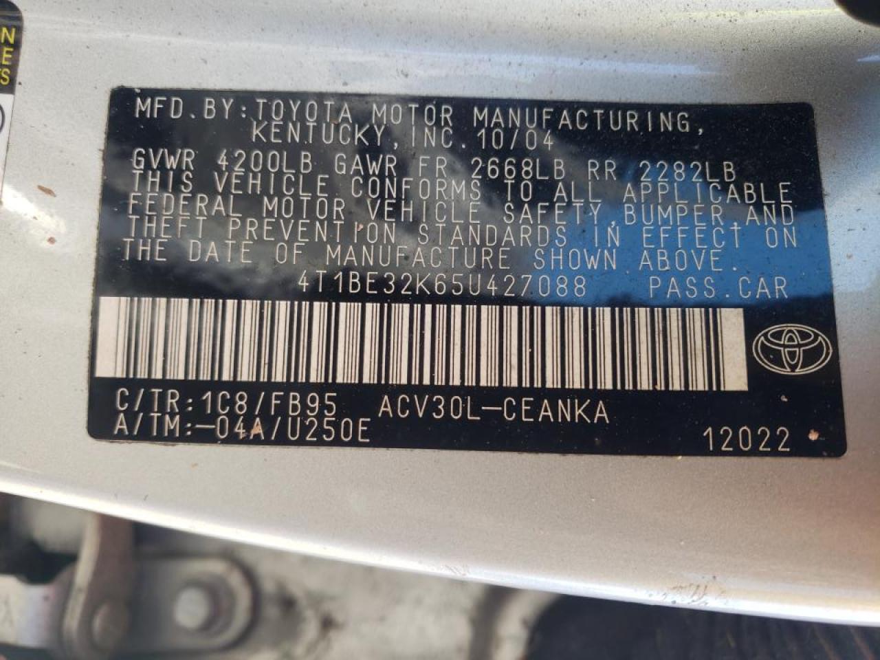 Photo 10 from auction – 2005 TOYOTA CAMRY LE with VIN 4T1BE32K65U427088