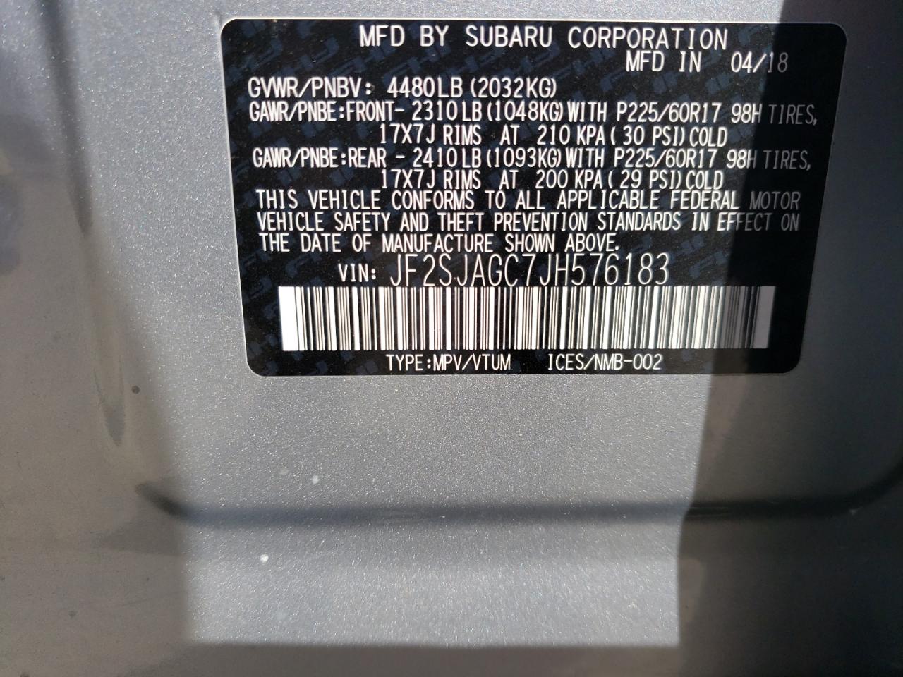 Photo 10 from auction – 2018 SUBARU FORESTER 2 with VIN JF2SJAGC7JH576183