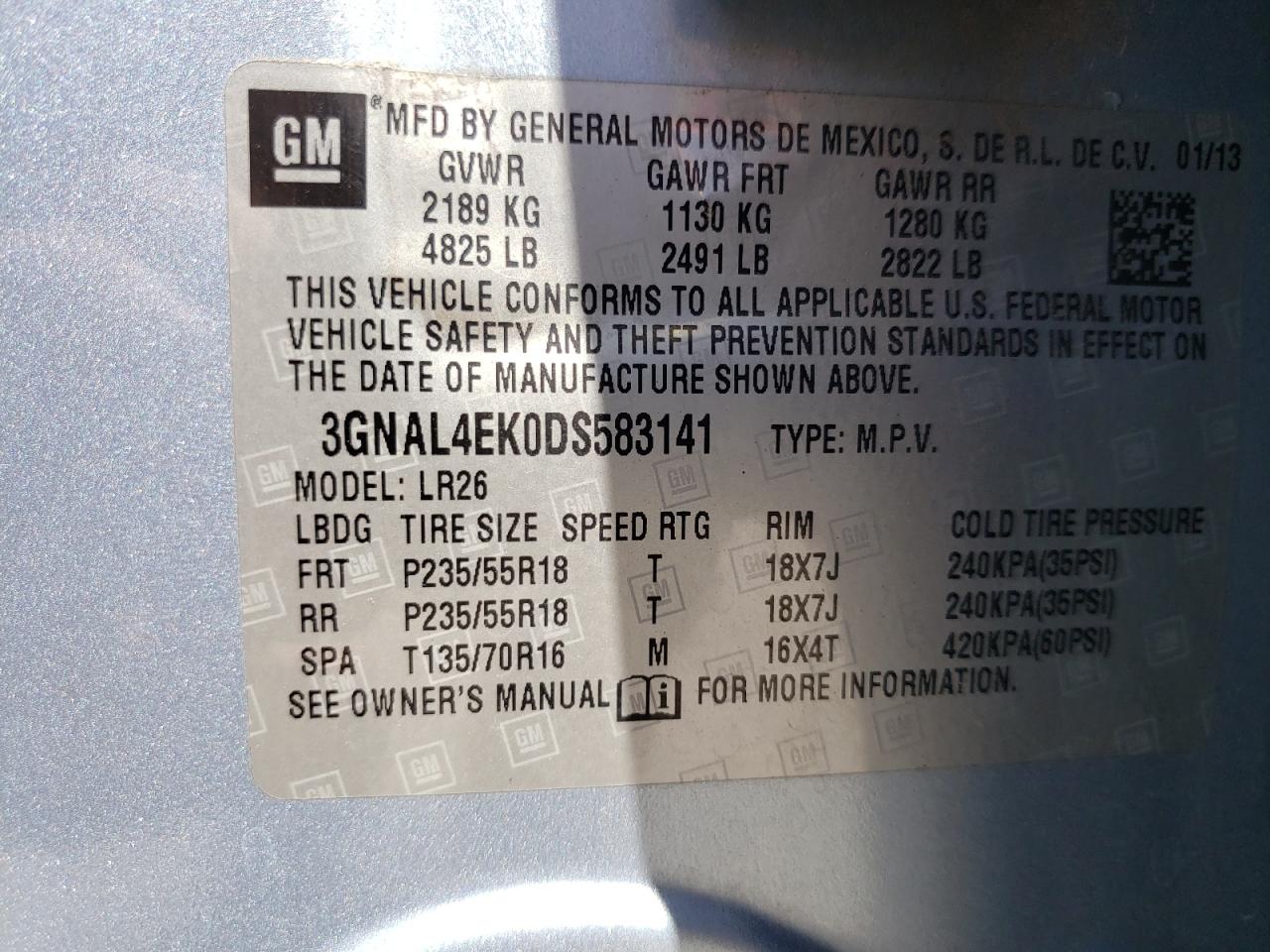 Photo 10 from auction – 2013 CHEVROLET CAPTIVA LT with VIN 3GNAL4EK0DS583141