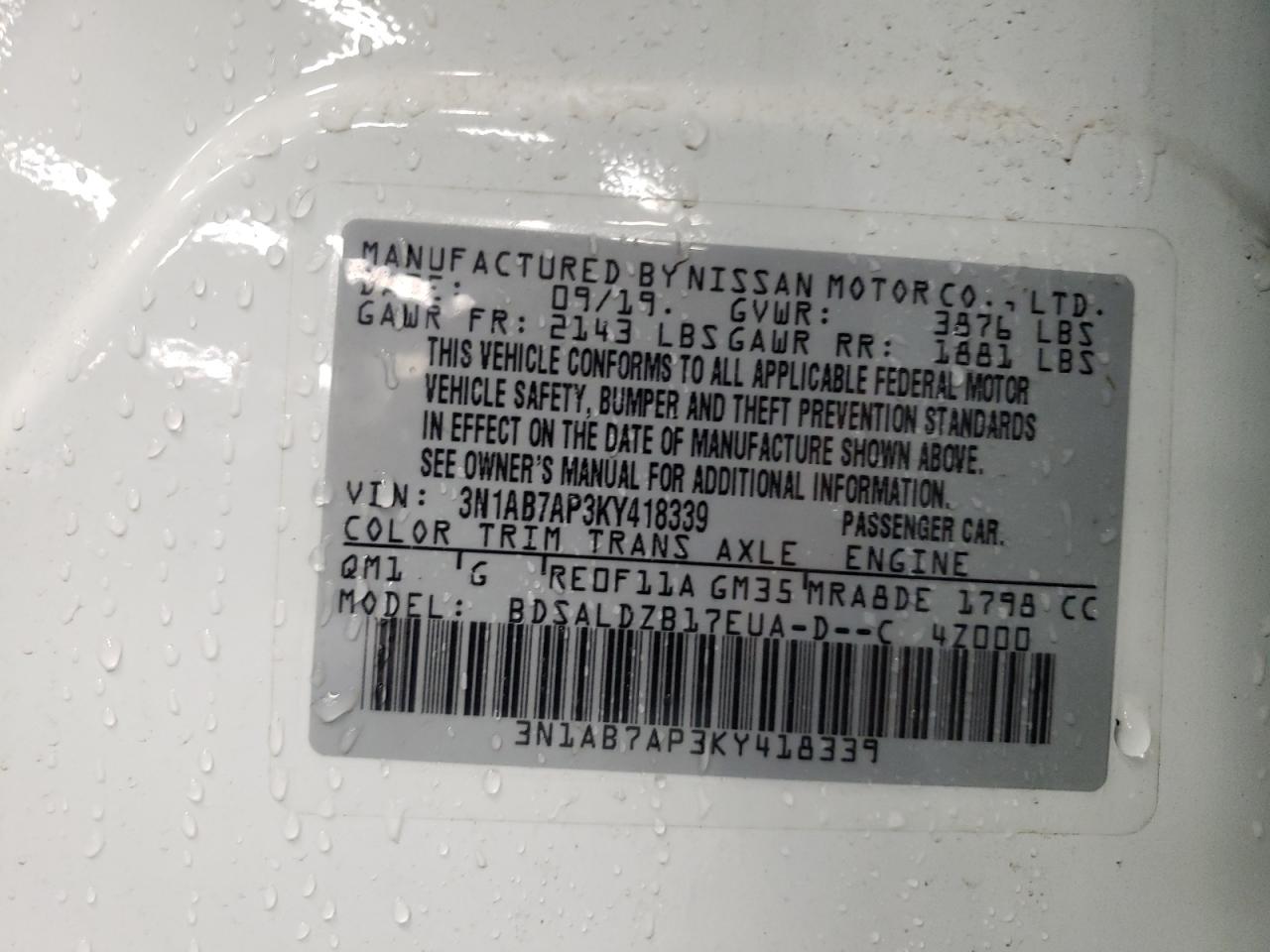 Photo 10 from auction – 2019 NISSAN SENTRA S with VIN 3N1AB7AP3KY418339