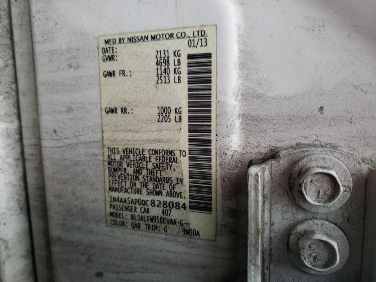 Photo 10 from auction – 2013 NISSAN MAXIMA S with VIN 1N4AA5AP0DC828084