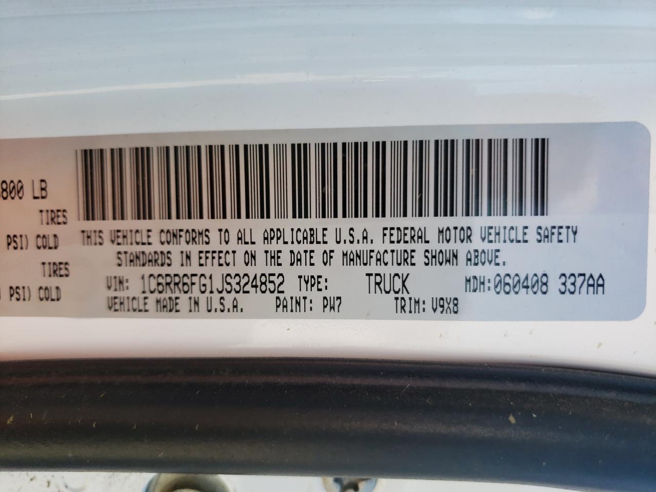 Photo 10 from auction – 2018 RAM 1500 ST with VIN 1C6RR6FG1JS324852