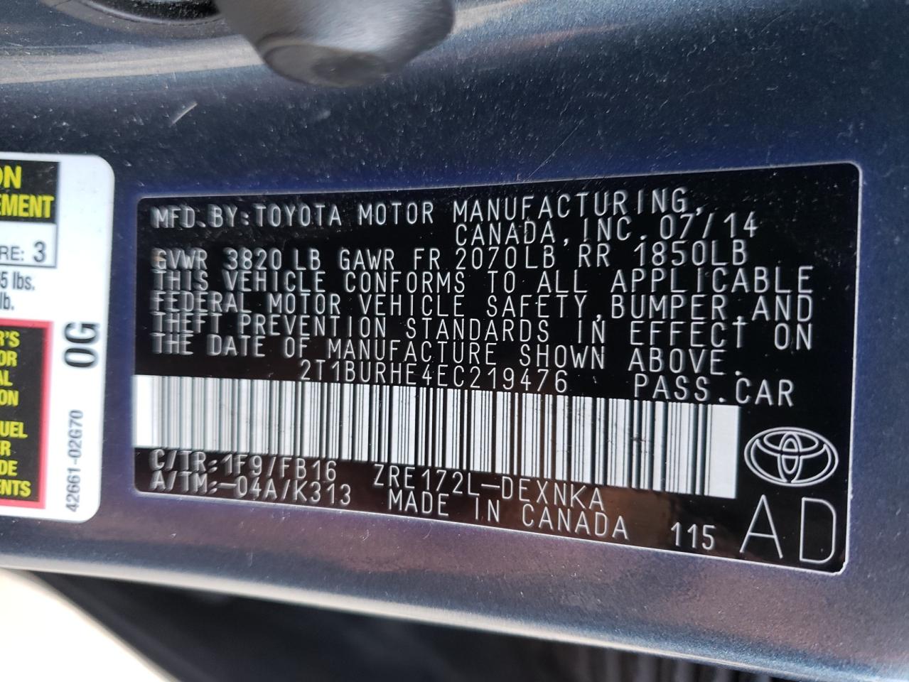 Photo 10 from auction – 2014 TOYOTA COROLLA L with VIN 2T1BURHE4EC219476