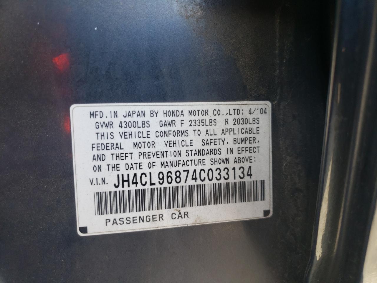 Photo 10 from auction – 2004 ACURA TSX with VIN JH4CL96874C033134