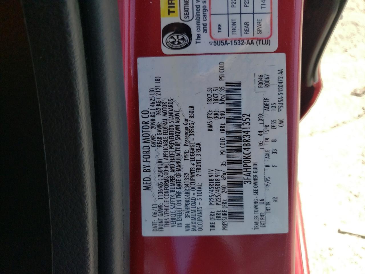Photo 10 from auction – 2011 FORD FUSION SPO with VIN 3FAHP0KC4BR341352