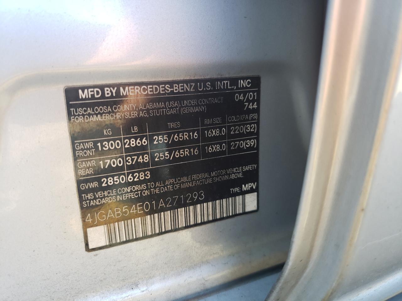 Photo 10 from auction – 2001 MERCEDES-BENZ ML 320 with VIN 4JGAB54E01A271293