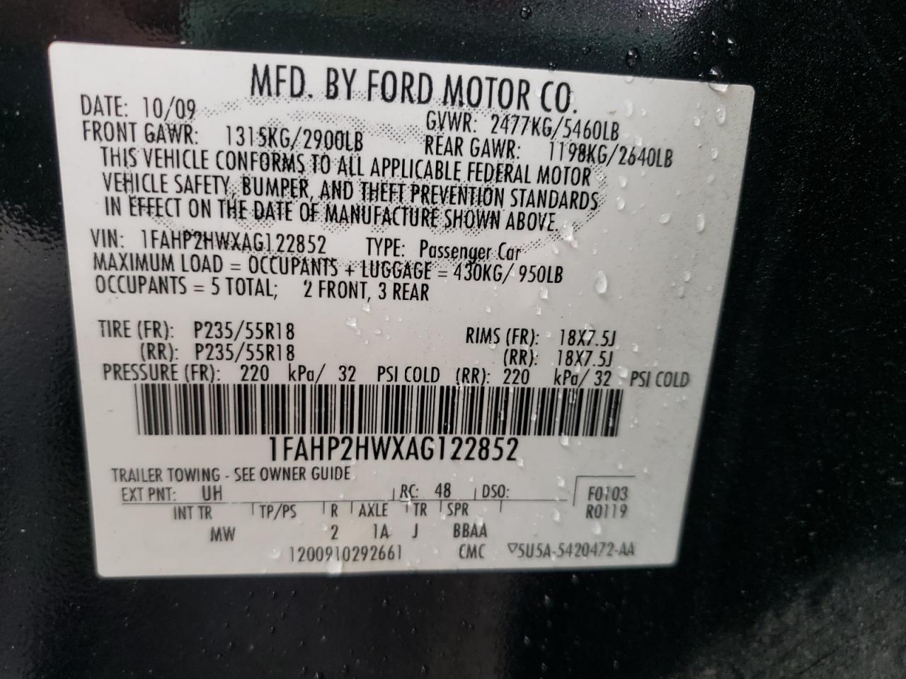 Photo 10 from auction – 2010 FORD TAURUS SEL with VIN 1FAHP2HWXAG122852