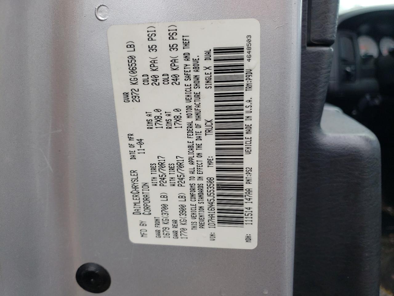 Photo 10 from auction – 2005 DODGE RAM 1500 S with VIN 1D7HA16N45J553508