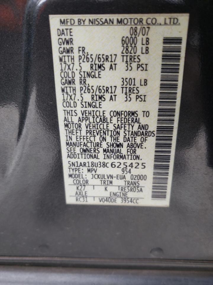 Photo 10 from auction – 2008 NISSAN PATHFINDER with VIN 5N1AR18U38C625425