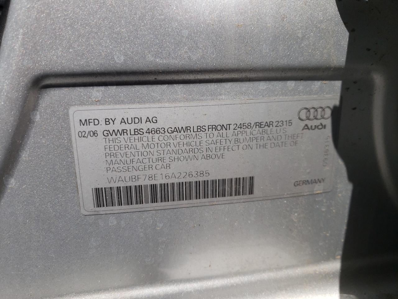 Photo 10 from auction – 2006 AUDI A4 S-LINE with VIN WAUBF78E16A226385