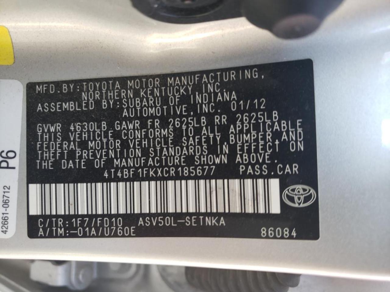 Photo 10 from auction – 2012 TOYOTA CAMRY BASE with VIN 4T4BF1FKXCR185677