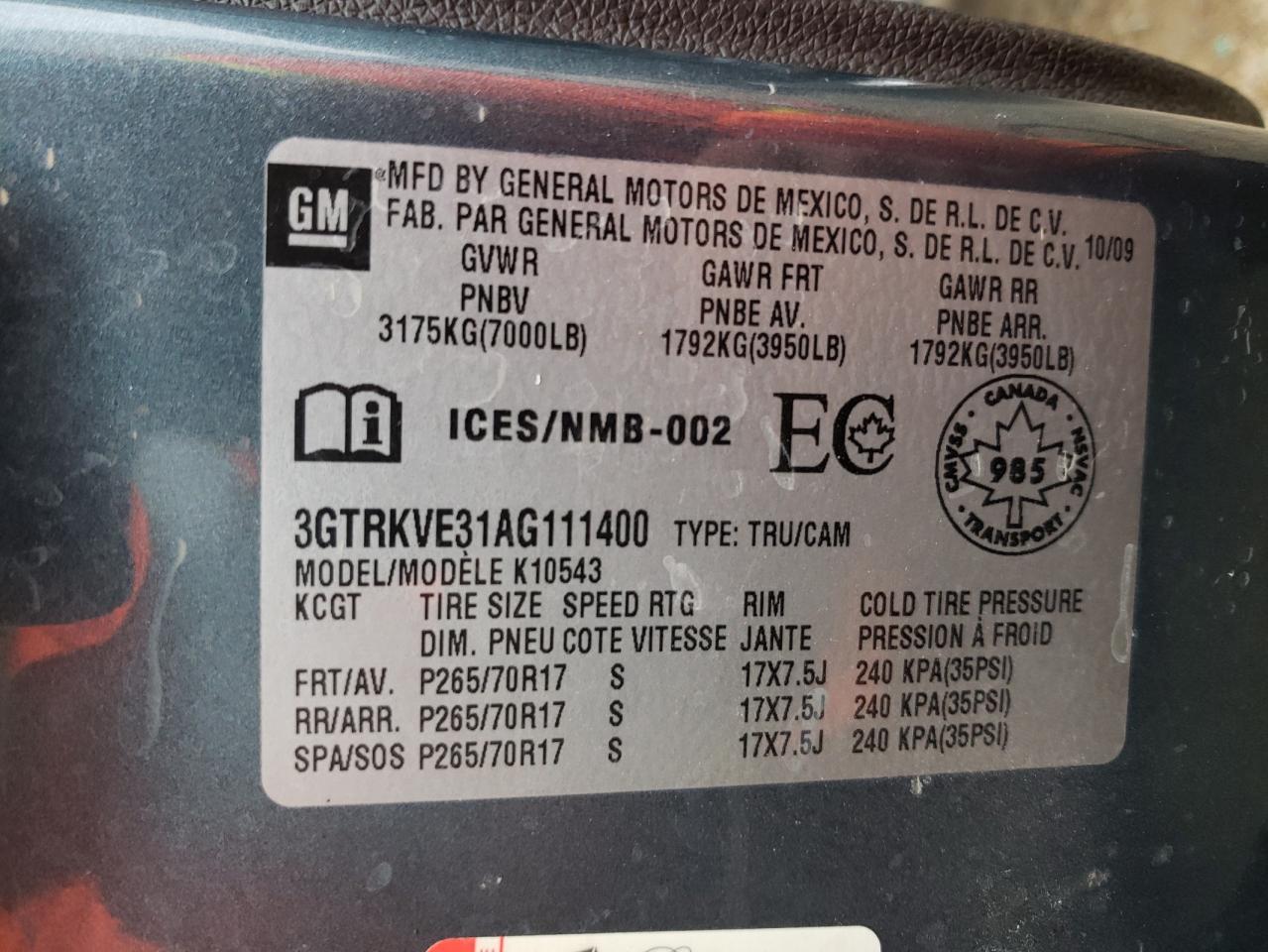 Photo 10 from auction – 2010 GMC SIERRA K15 with VIN 3GTRKVE31AG111400