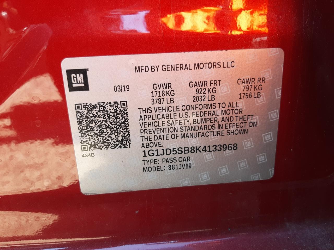 Photo 10 from auction – 2019 CHEVROLET SONIC LT with VIN 1G1JD5SB8K4133968