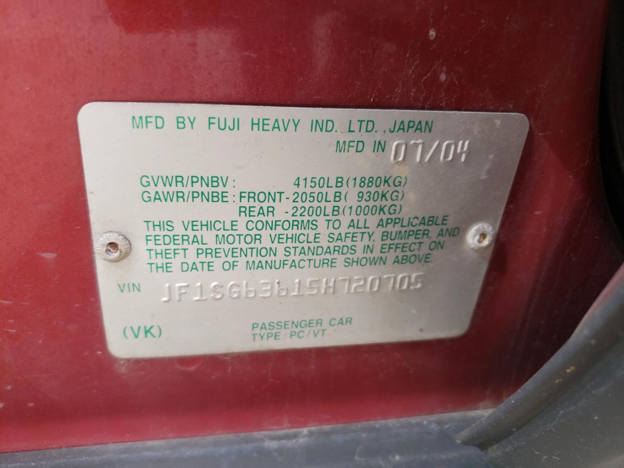 Photo 10 from auction – 2005 SUBARU FORESTER 2 with VIN JF1SG63615H720705