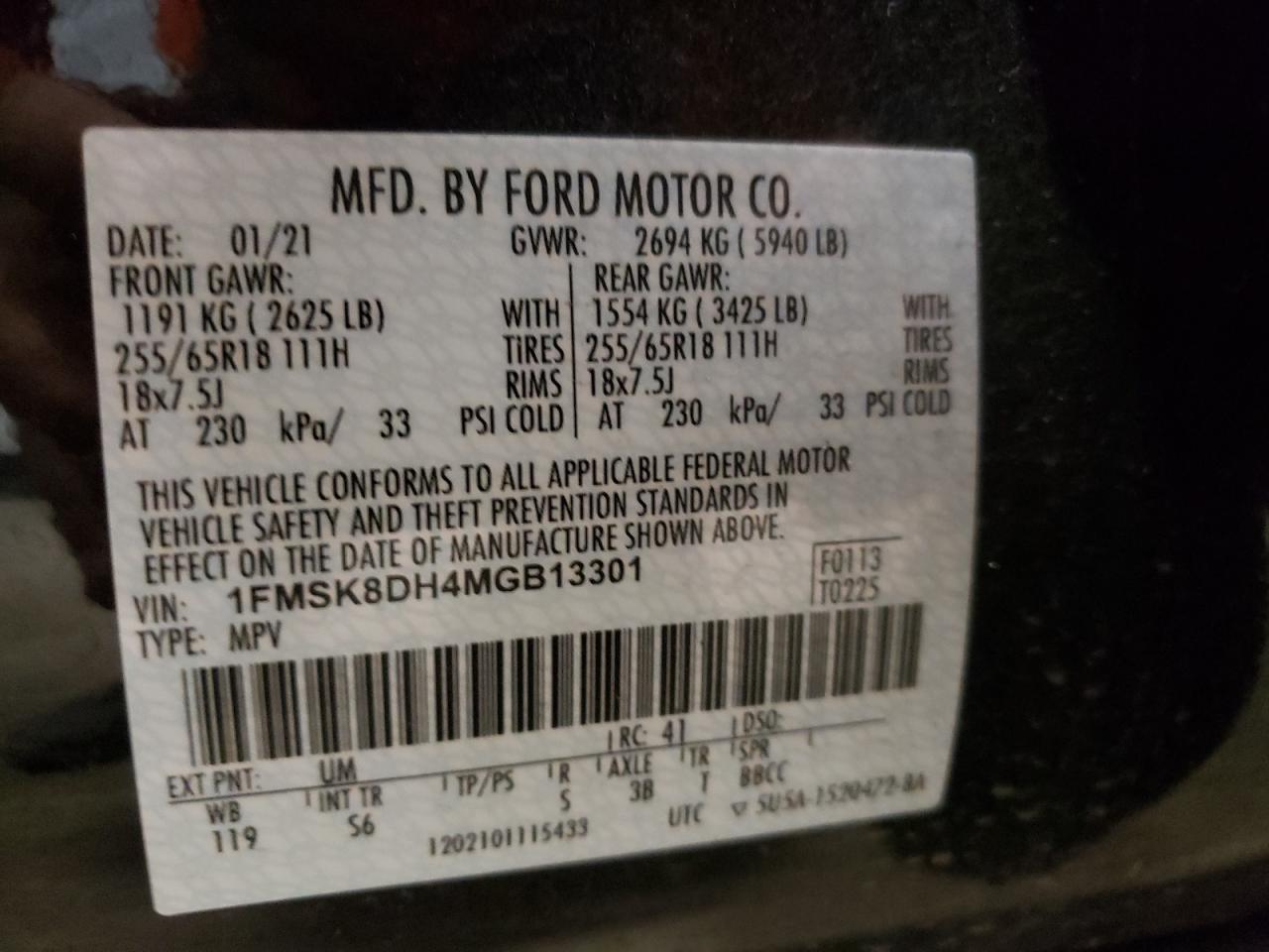 Photo 10 from auction – 2021 FORD EXPLORER X with VIN 1FMSK8DH4MGB13301