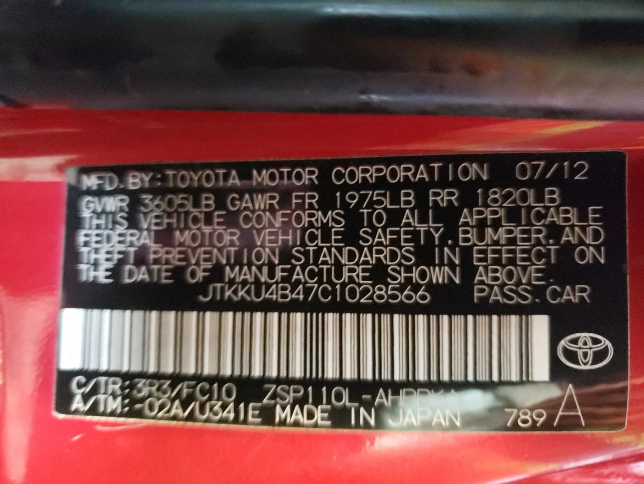 Photo 10 from auction – 2012 TOYOTA SCION XD with VIN JTKKU4B47C1028566