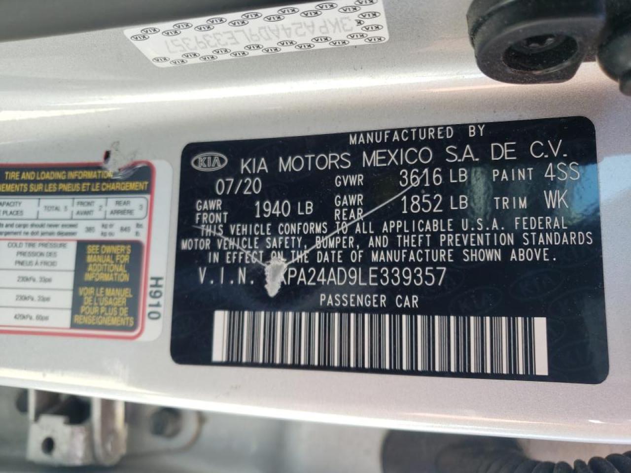 Photo 10 from auction – 2020 KIA RIO LX with VIN 3KPA24AD9LE339357