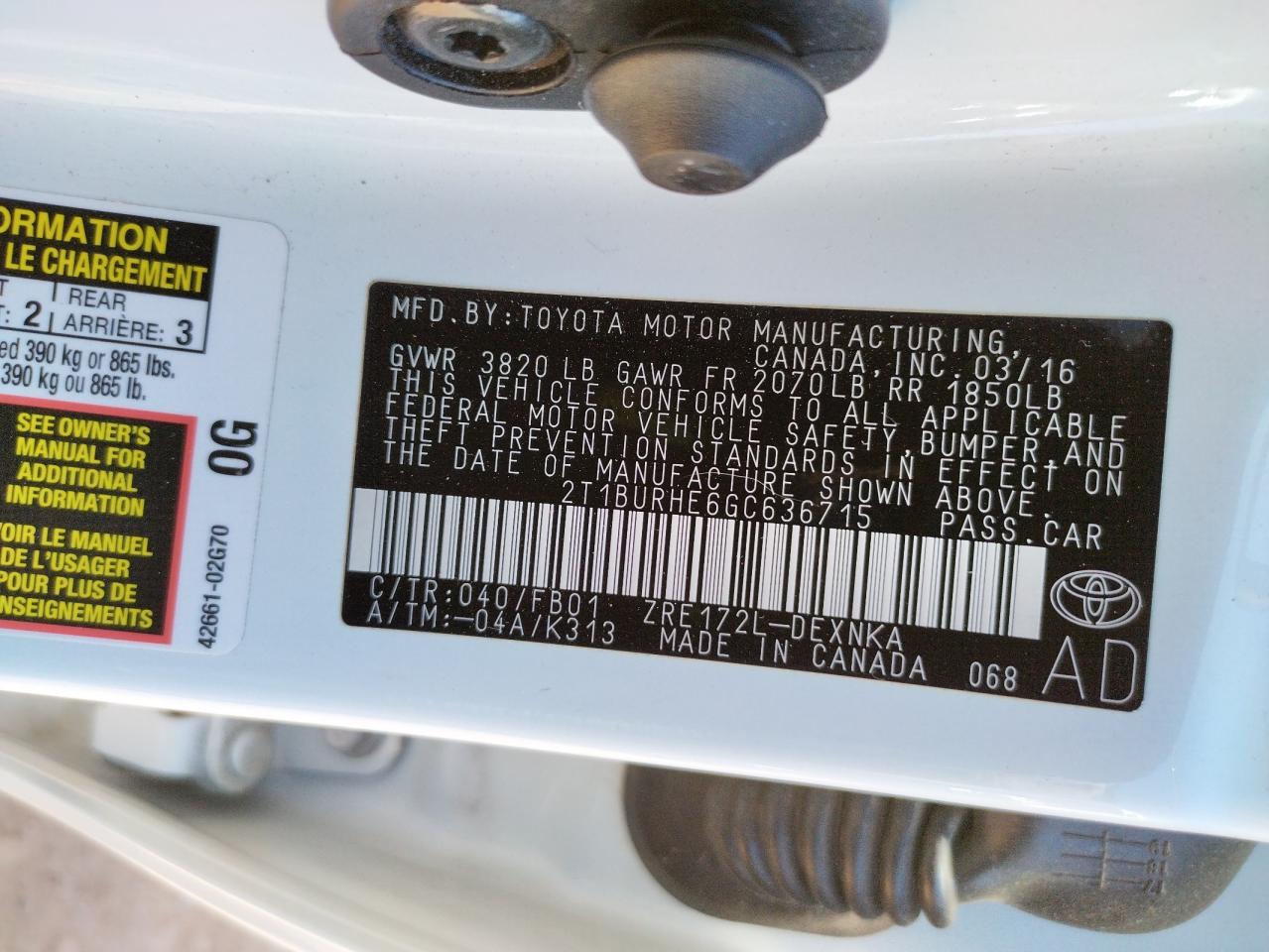 Photo 10 from auction – 2016 TOYOTA COROLLA L with VIN 2T1BURHE6GC636715
