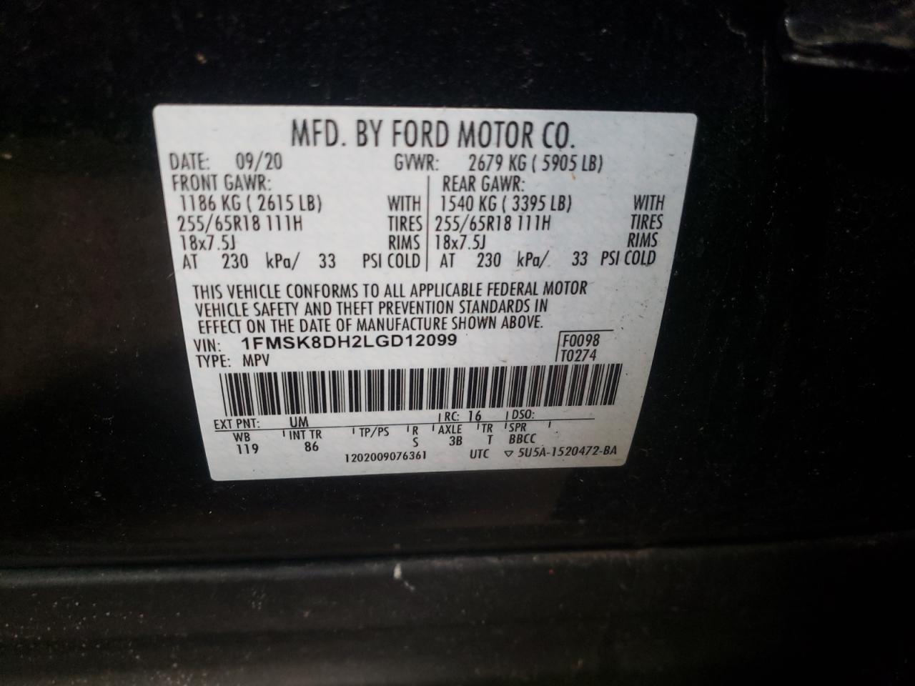 Photo 10 from auction – 2020 FORD EXPLORER X with VIN 1FMSK8DH2LGD12099