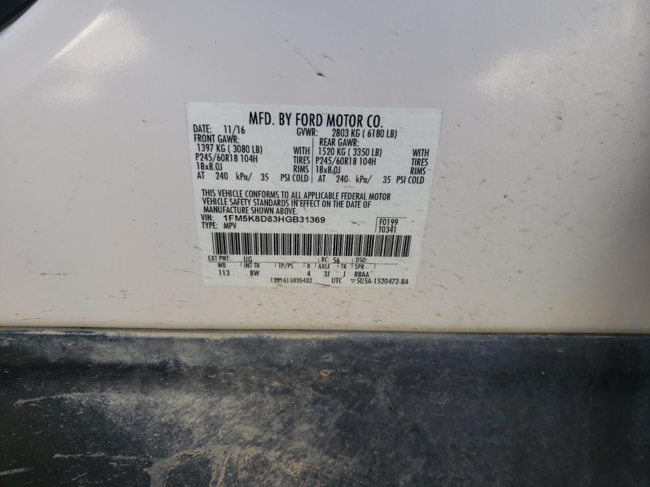 Photo 10 from auction – 2017 FORD EXPLORER X with VIN 1FM5K8D83HGB31369
