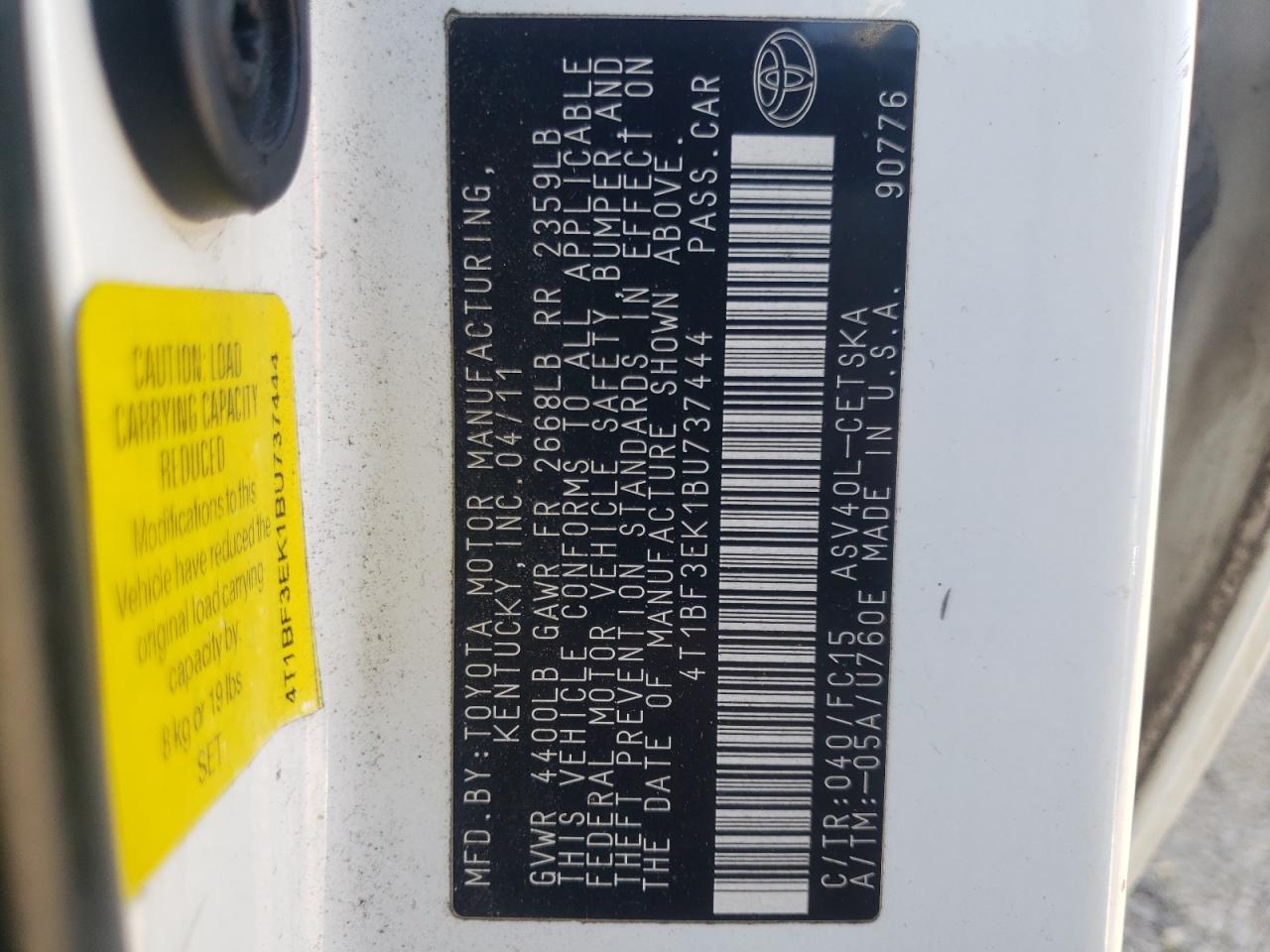 Photo 10 from auction – 2011 TOYOTA CAMRY BASE with VIN 4T1BF3EK1BU737444