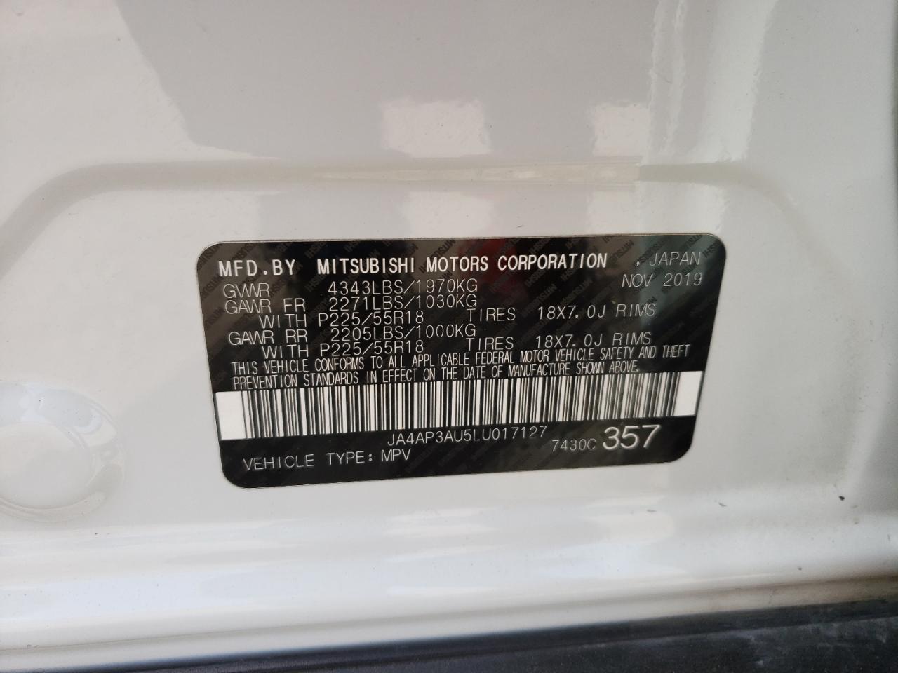 Photo 10 from auction – 2020 MITSUBISHI OUTLANDER with VIN JA4AP3AU5LU017127