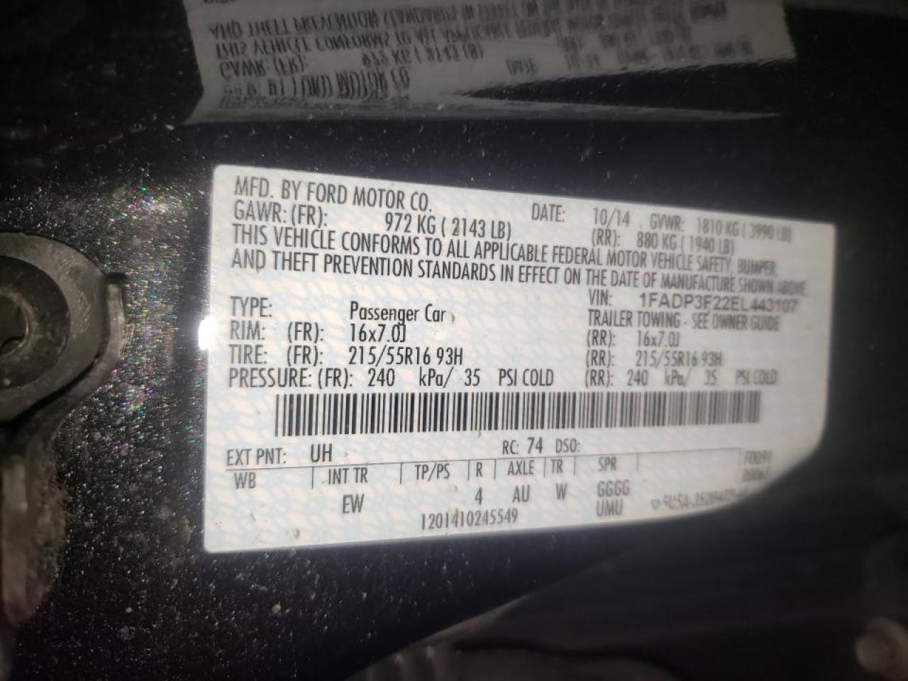 Photo 10 from auction – 2014 FORD FOCUS SE with VIN 1FADP3F22EL443107
