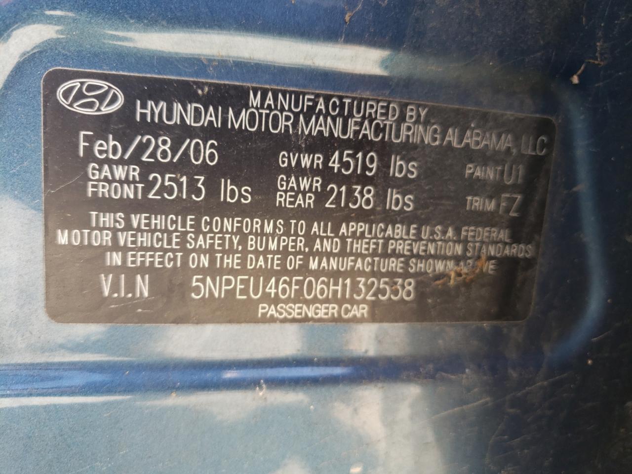 Photo 10 from auction – 2006 HYUNDAI SONATA GLS with VIN 5NPEU46F06H132538