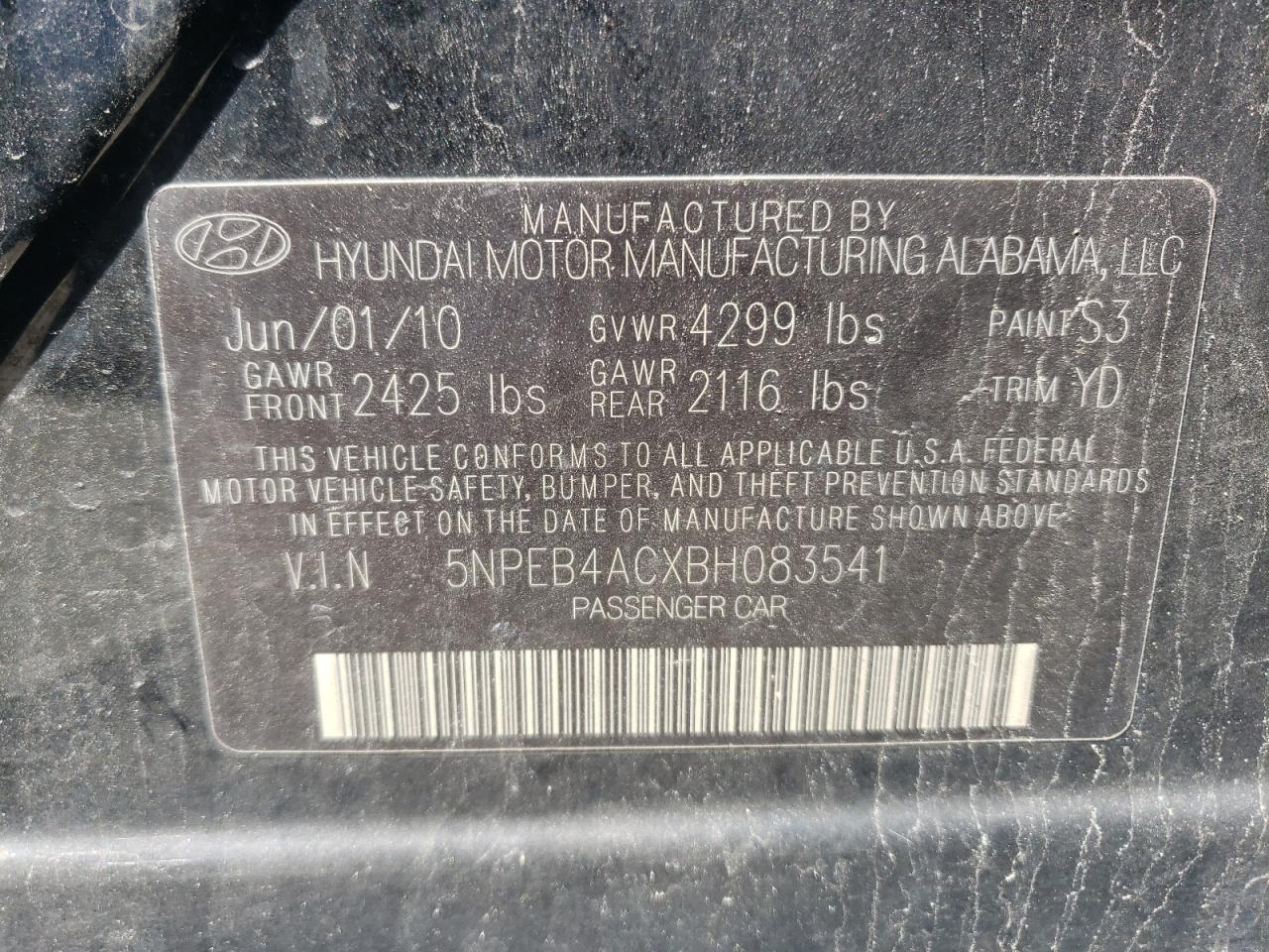 Photo 10 from auction – 2011 HYUNDAI SONATA GLS with VIN 5NPEB4ACXBH083541