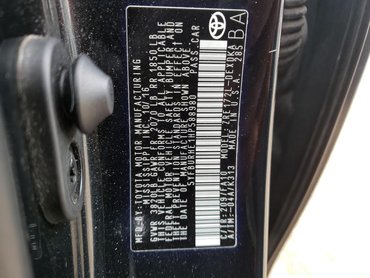 Photo 10 from auction – 2017 TOYOTA COROLLA L with VIN 5YFBURHE1HP588980